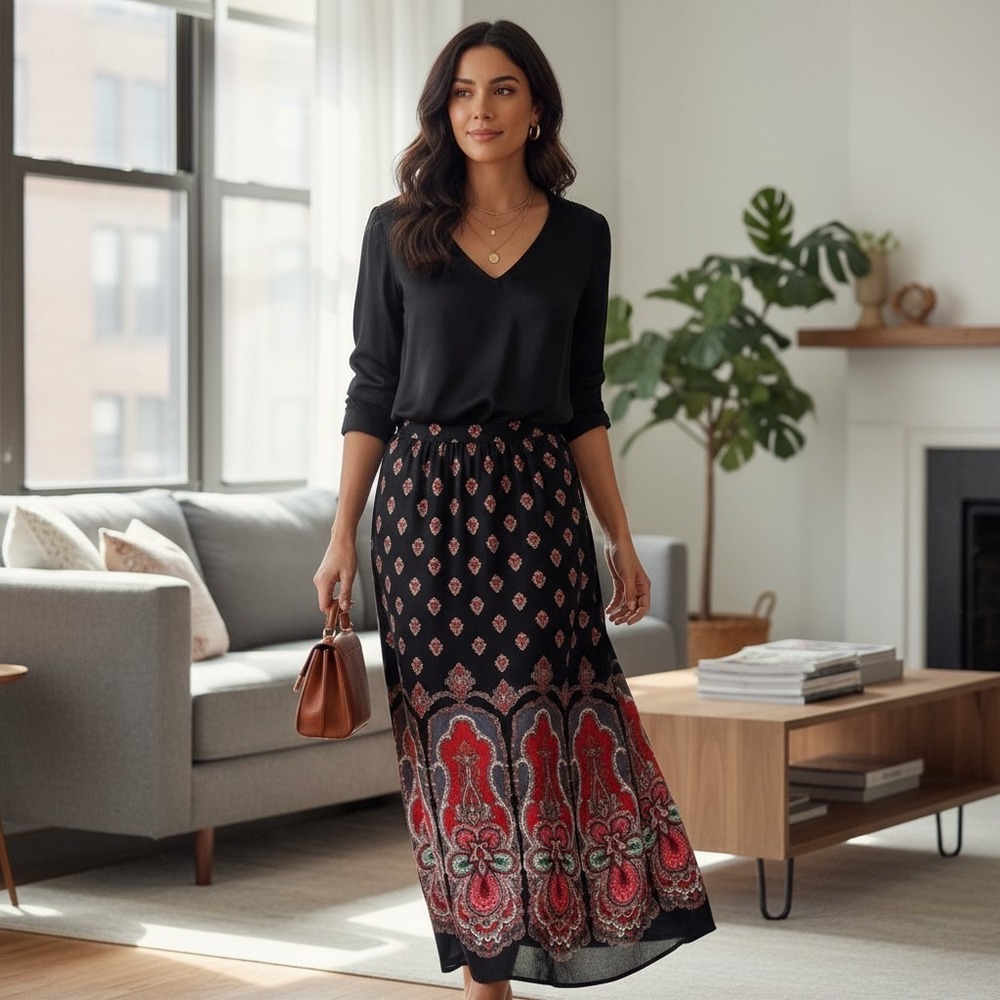 Vintage Alex Colman Skirt Womens M Black Red‎ Boho Paisley Maxi 70s cottagecore
